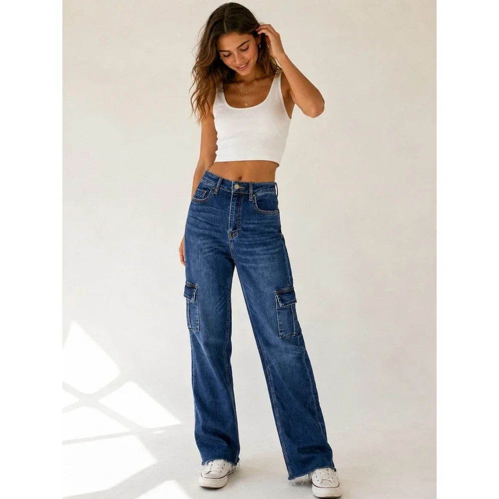 AQUA Cargo Utility Straight Leg Jeans Size 24 Raw Hem High Rise Stretch Denim